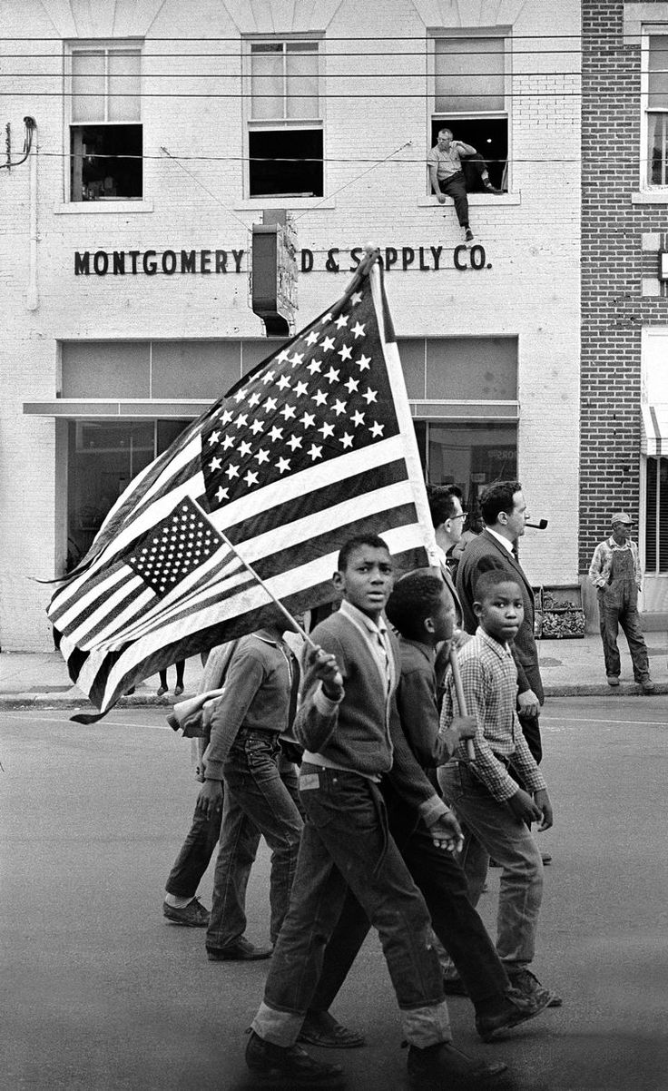 Historic civil rights march with American flag